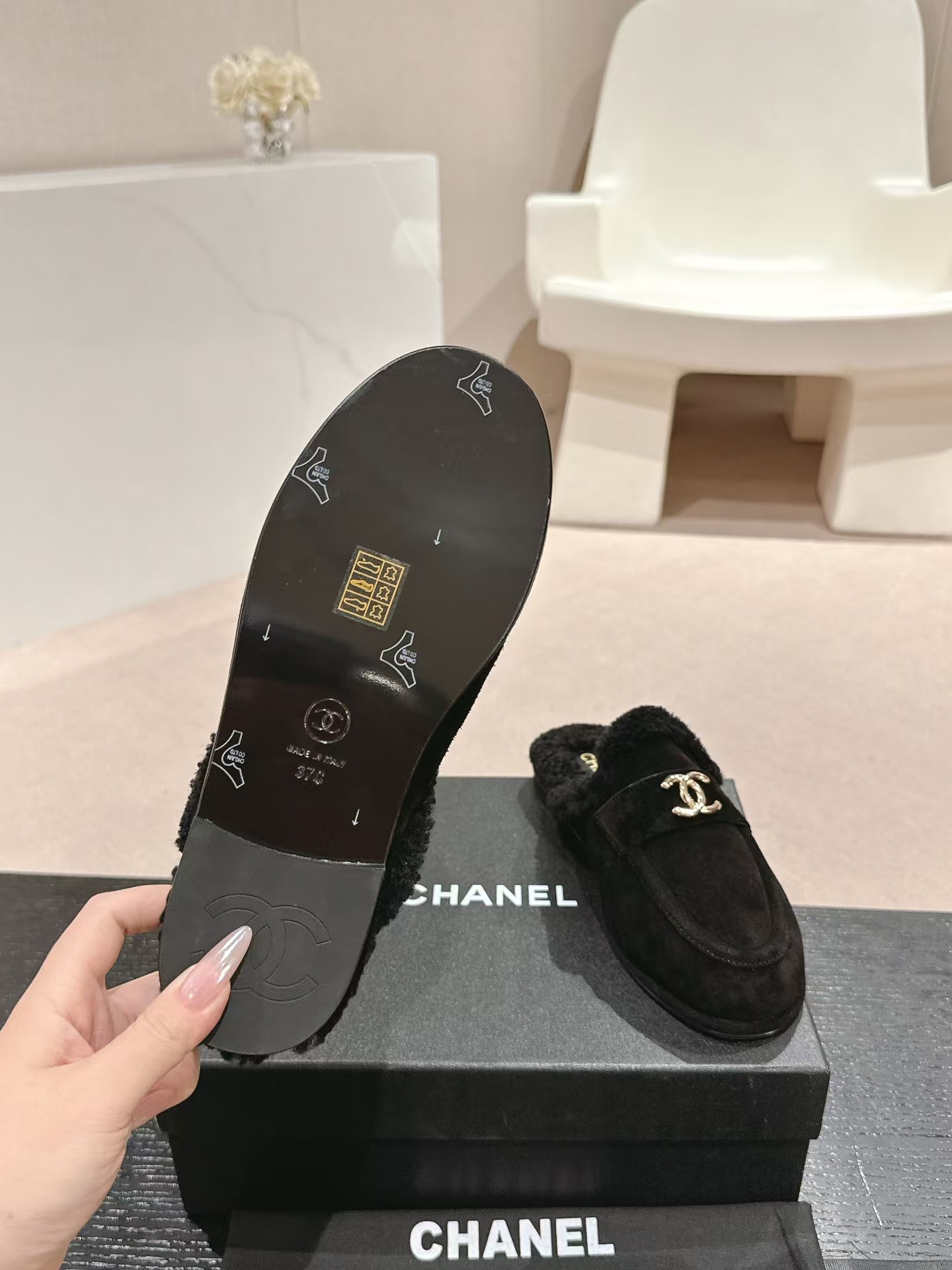 Ch*el black fabric quilted embellished slip on loafers