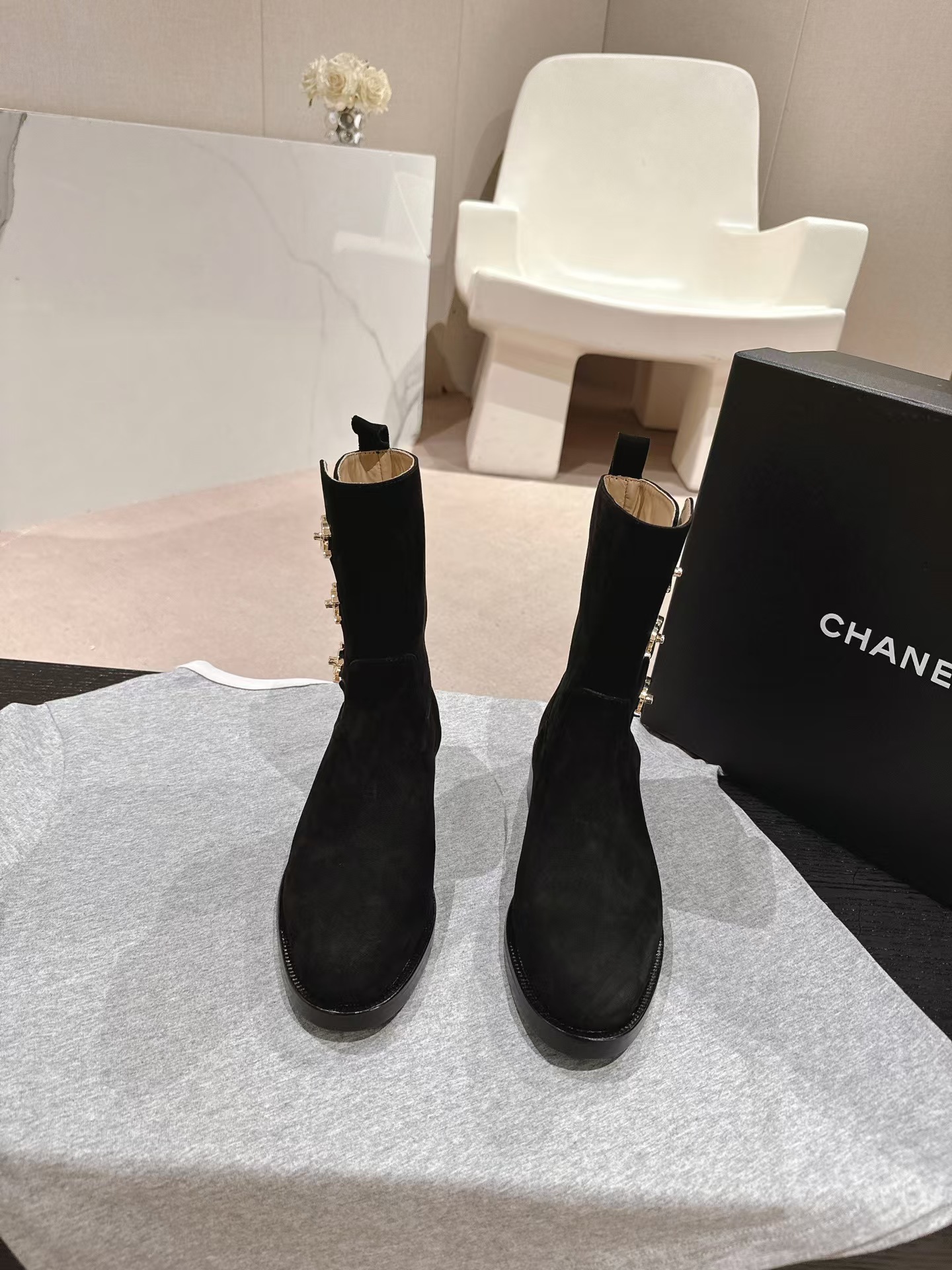 Ch*el black suede cc logo ankle boot