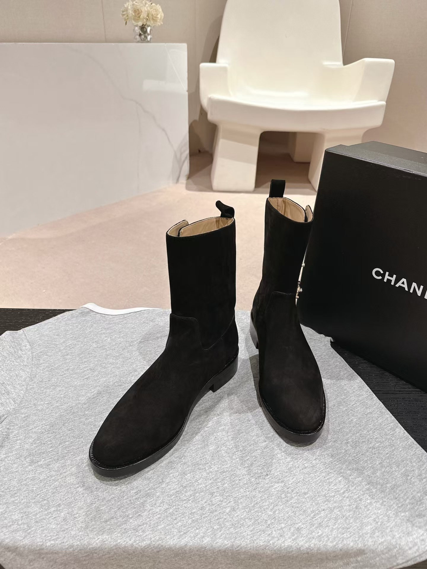 Ch*el black suede cc logo ankle boot