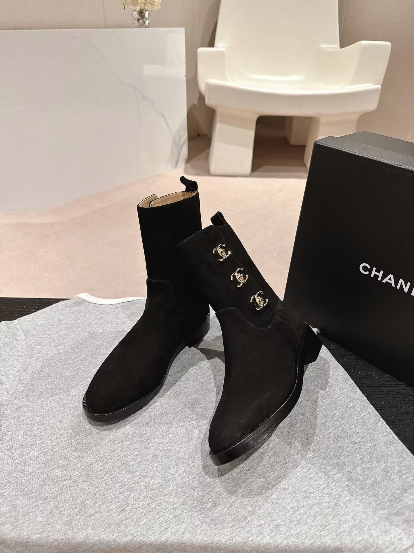 Ch*el black suede cc logo ankle boot