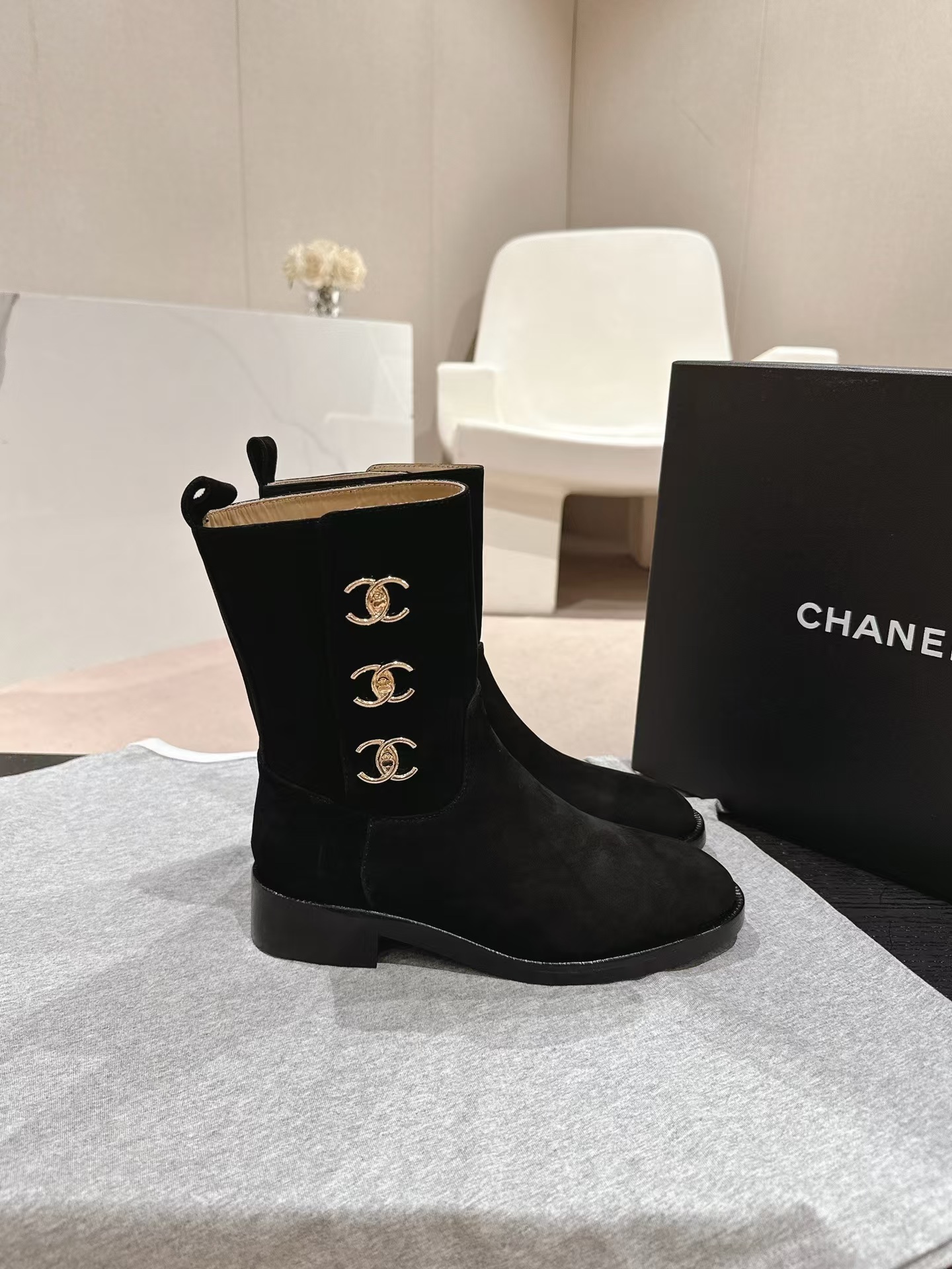 Ch*el black suede cc logo ankle boot