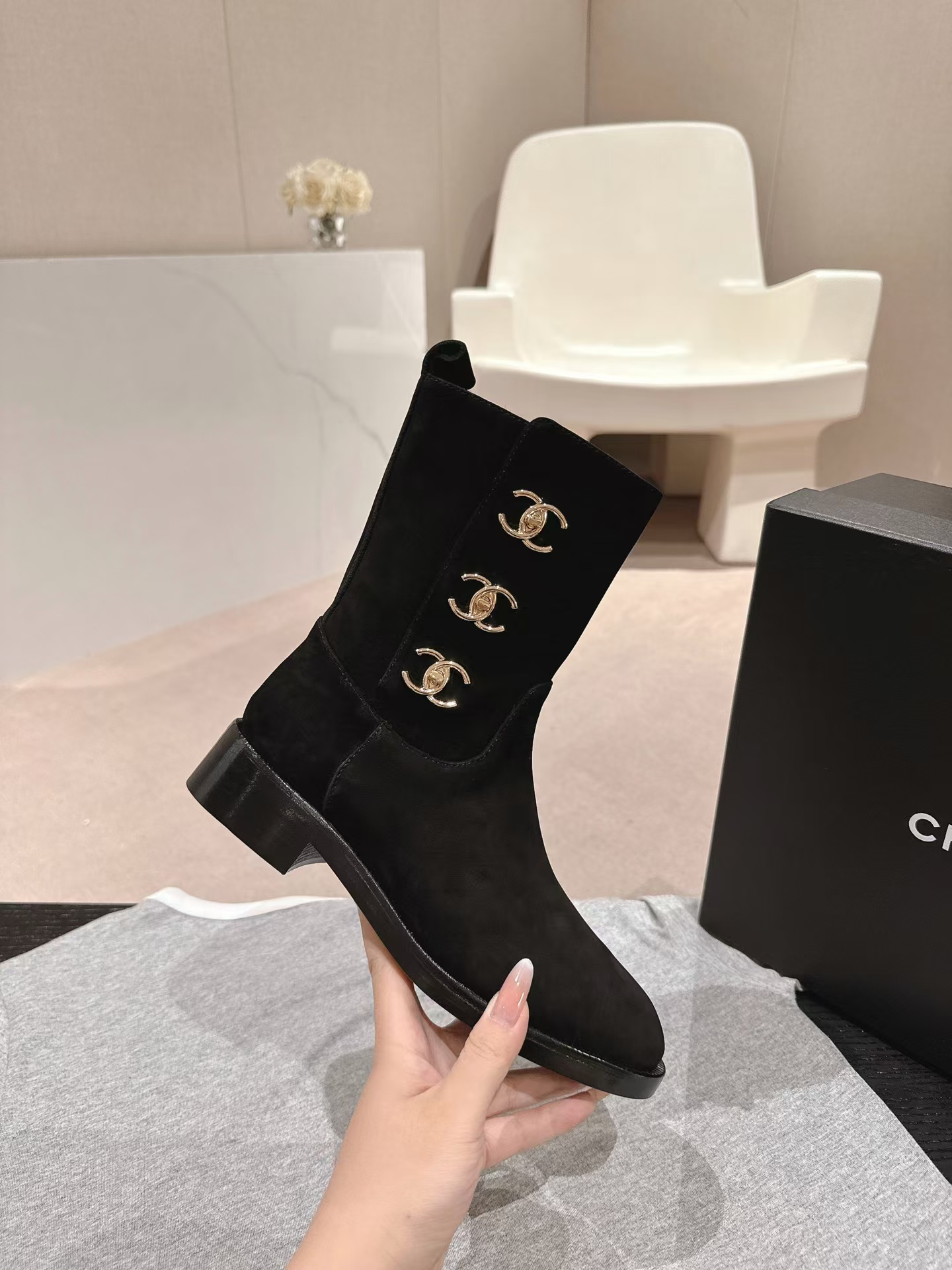 Ch*el black suede cc logo ankle boot