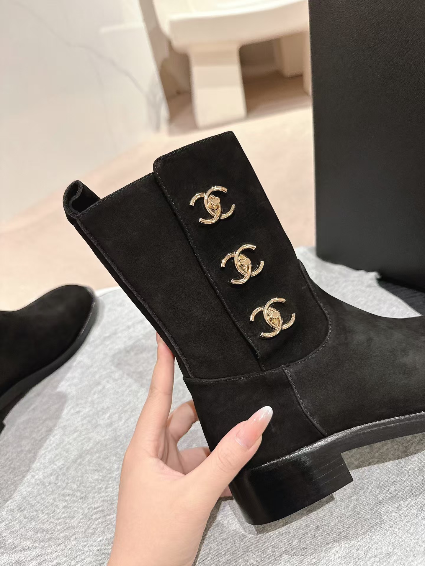 Ch*el black suede cc logo ankle boot
