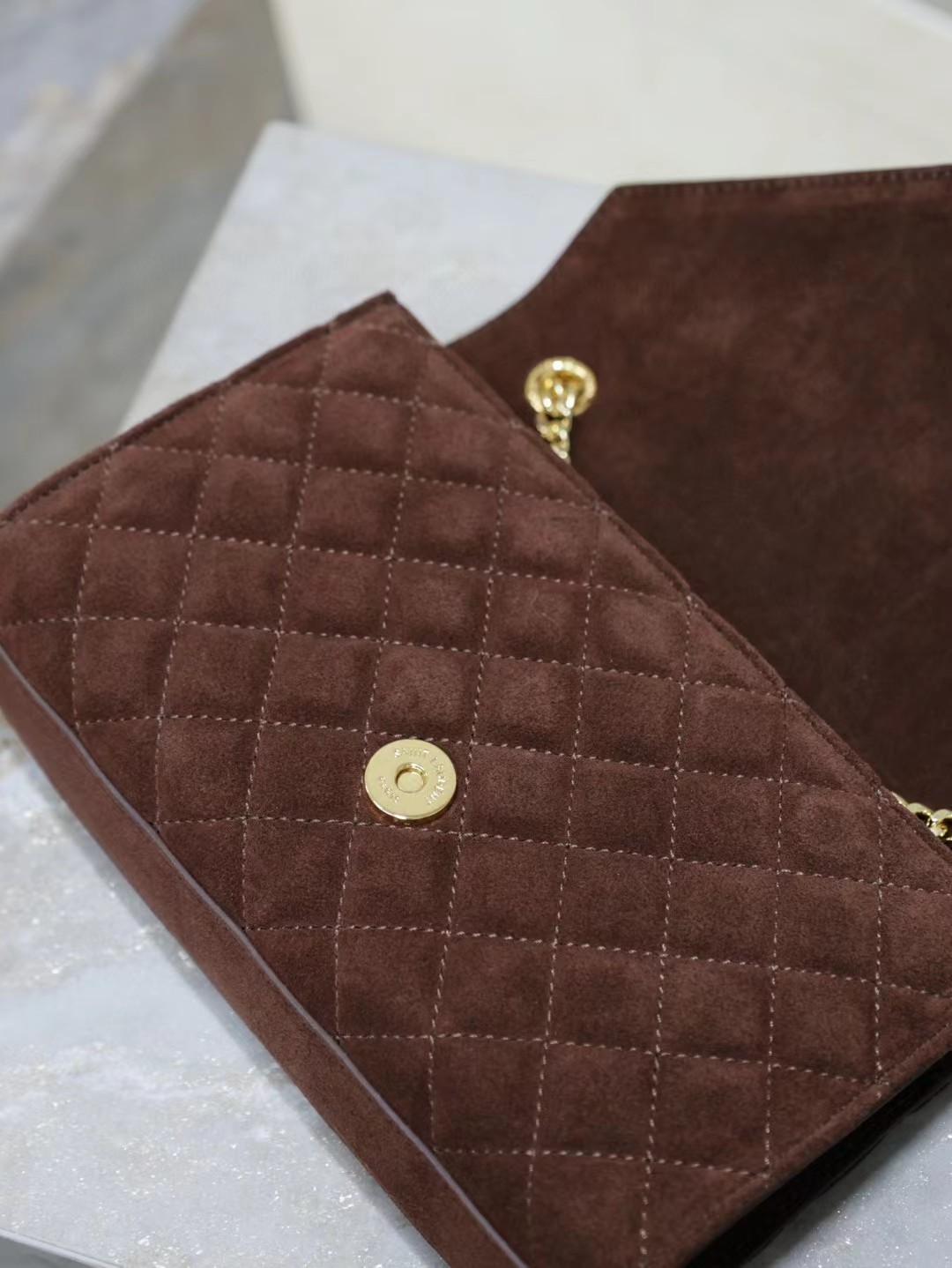Saint Laurent Envelope Triquilt Small YSL Shoulder Bag in Suede