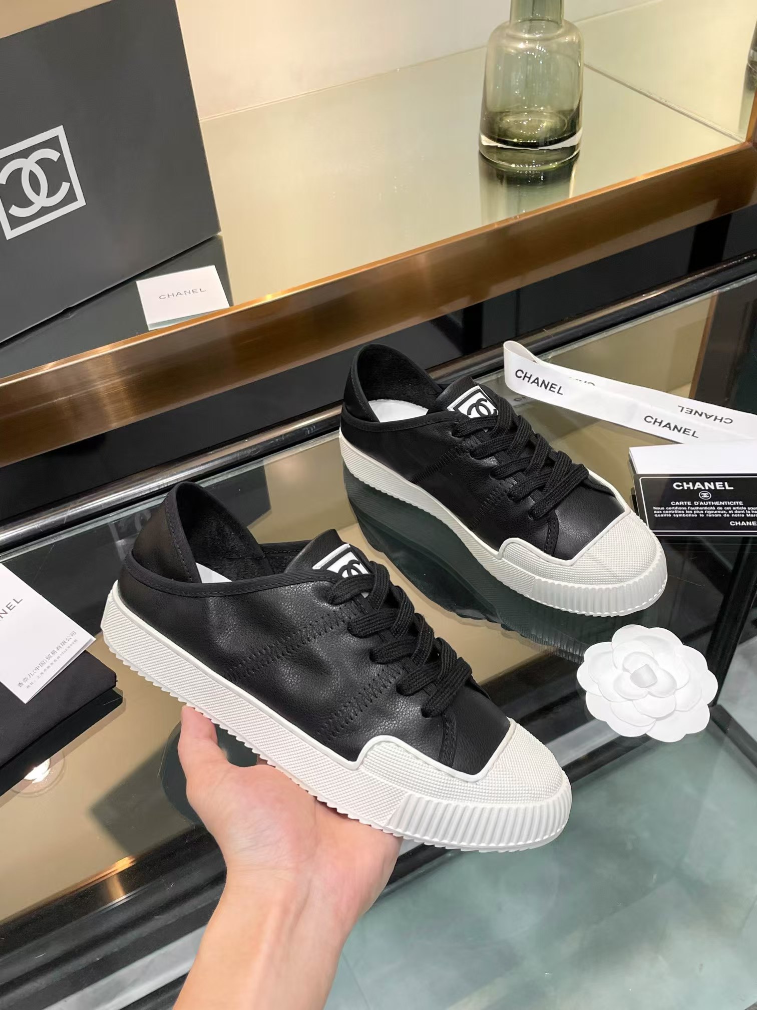 Ch*el casual shoes in black mix white lambskin