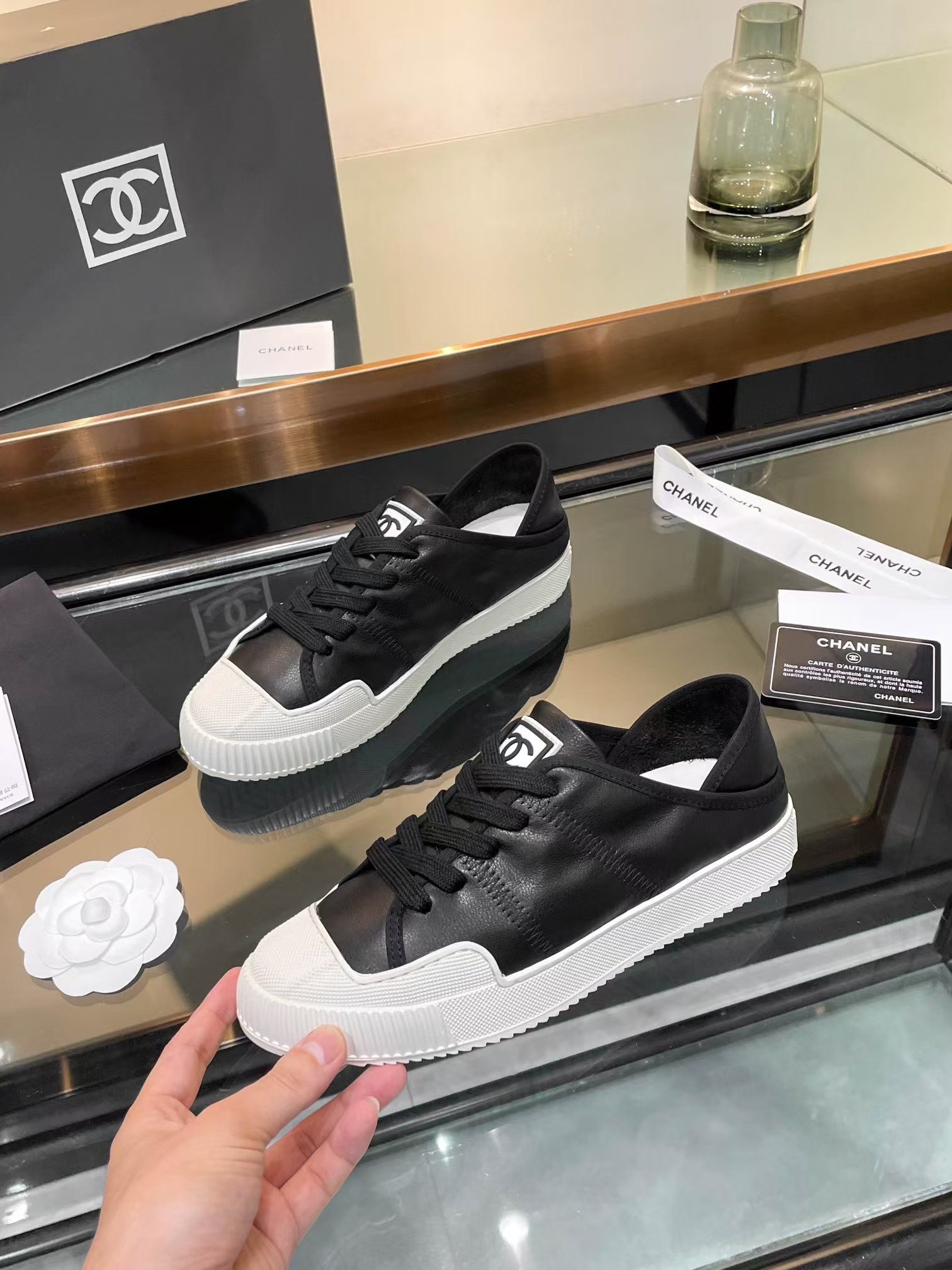 Ch*el casual shoes in black mix white lambskin