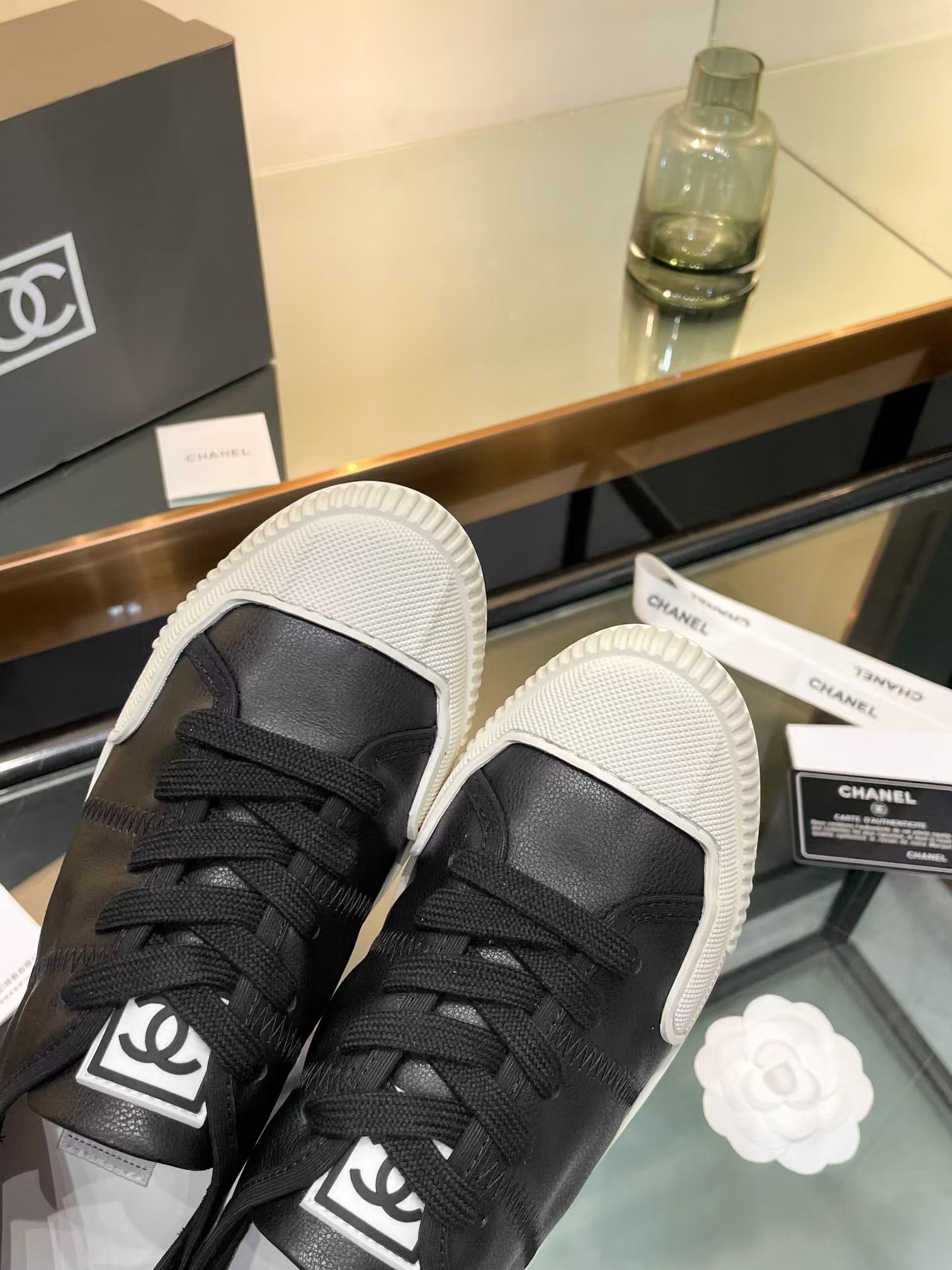 Ch*el casual shoes in black mix white lambskin