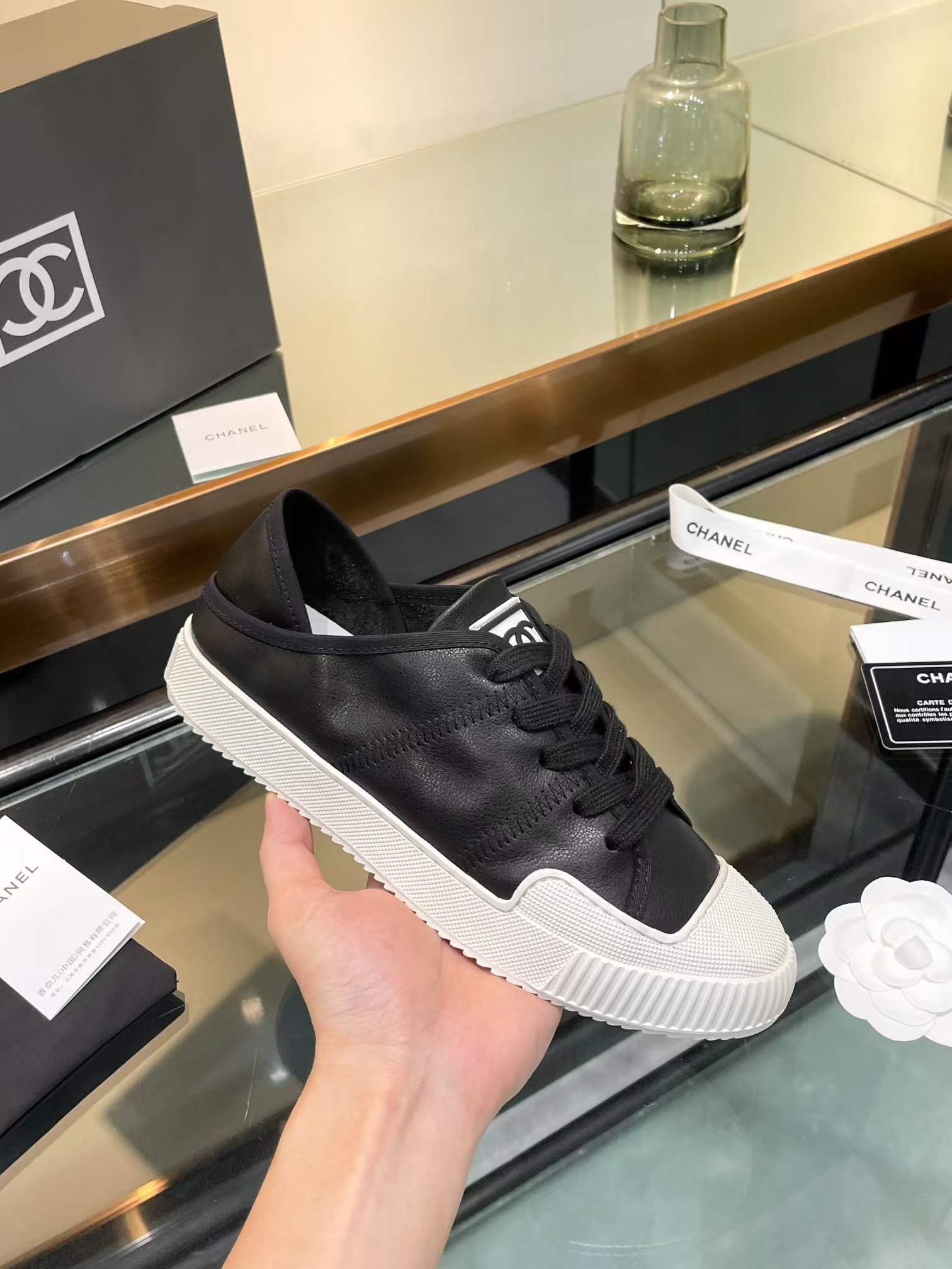 Ch*el casual shoes in black mix white lambskin