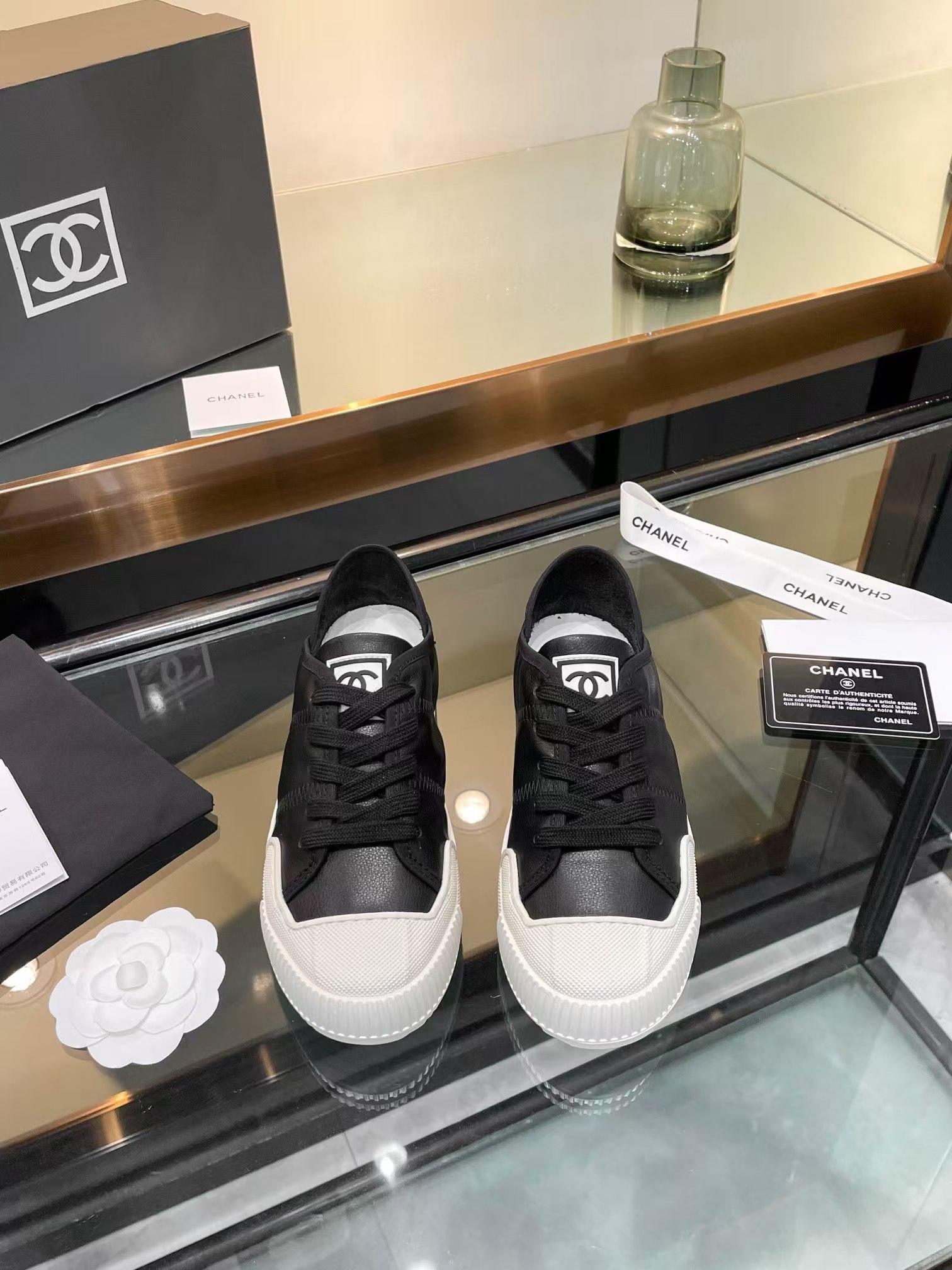 Ch*el casual shoes in black mix white lambskin