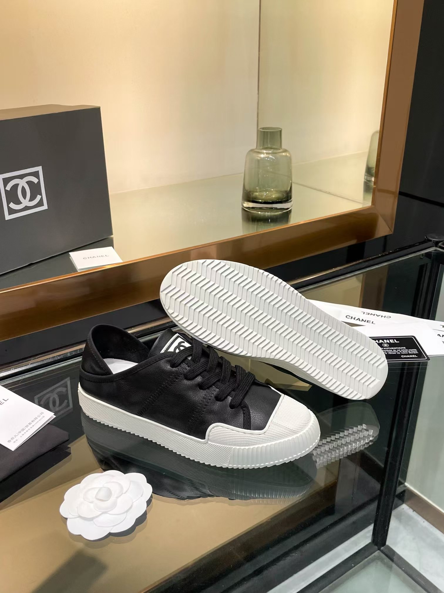 Ch*el casual shoes in black mix white lambskin